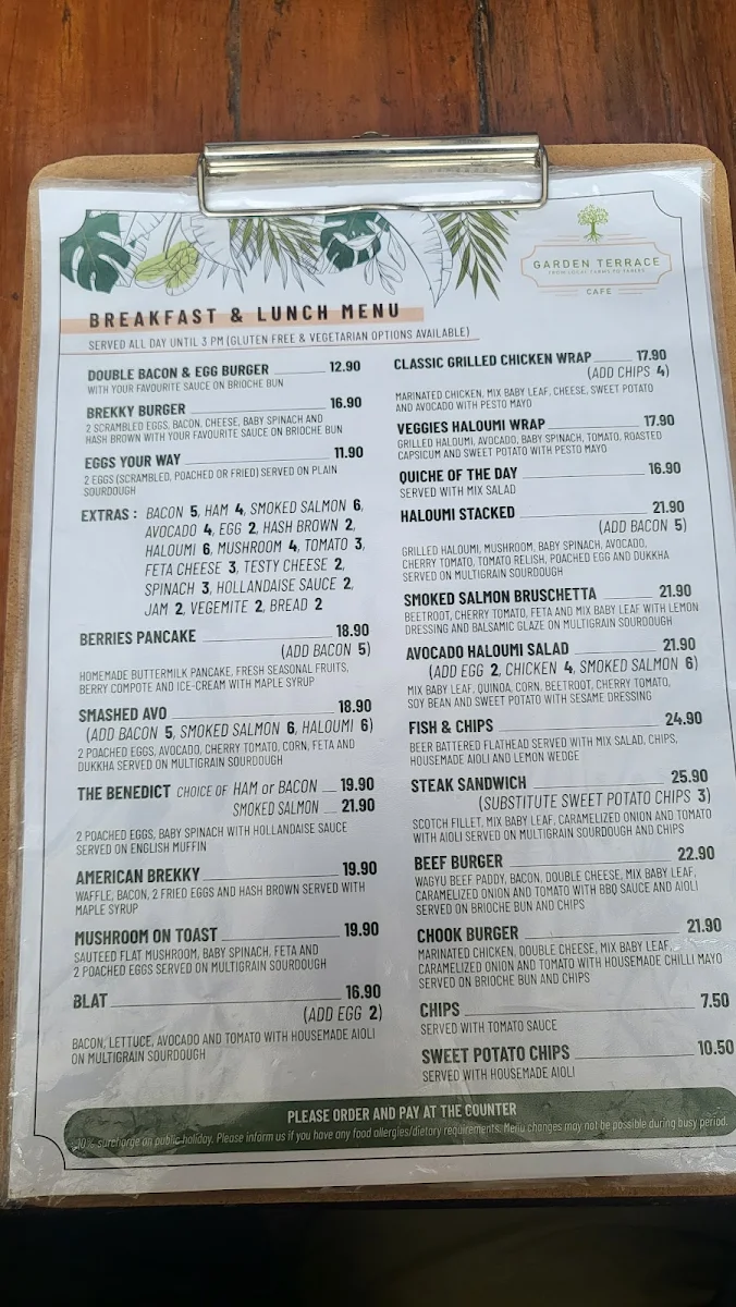 Menu, Garden Terrace Cafe