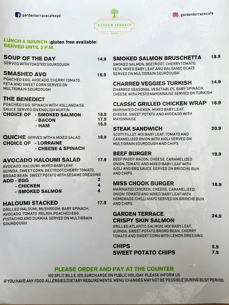 Menu, Garden Terrace Cafe