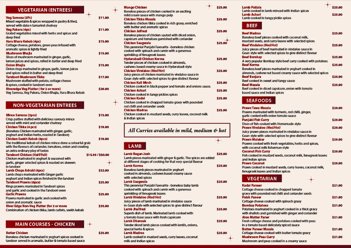 Menu, New River Edge Indian Cuisine