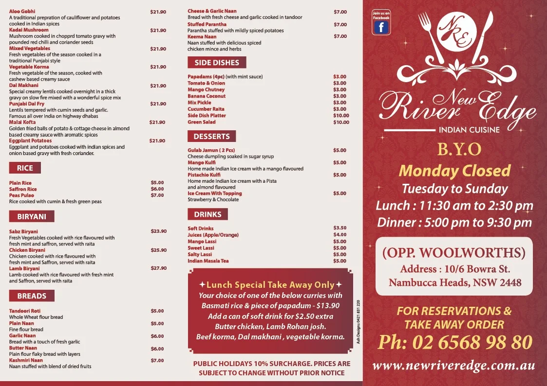 Menu, New River Edge Indian Cuisine