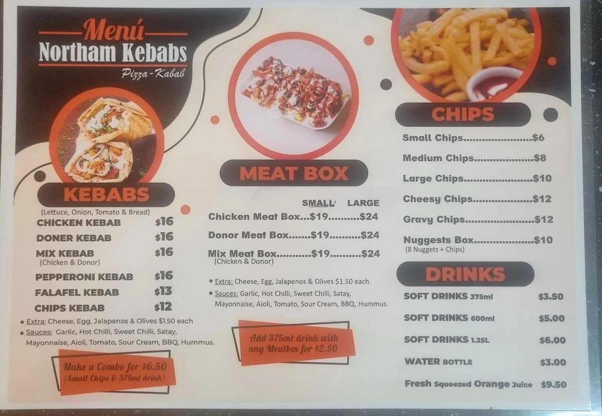 Menu, Northam Kebab House