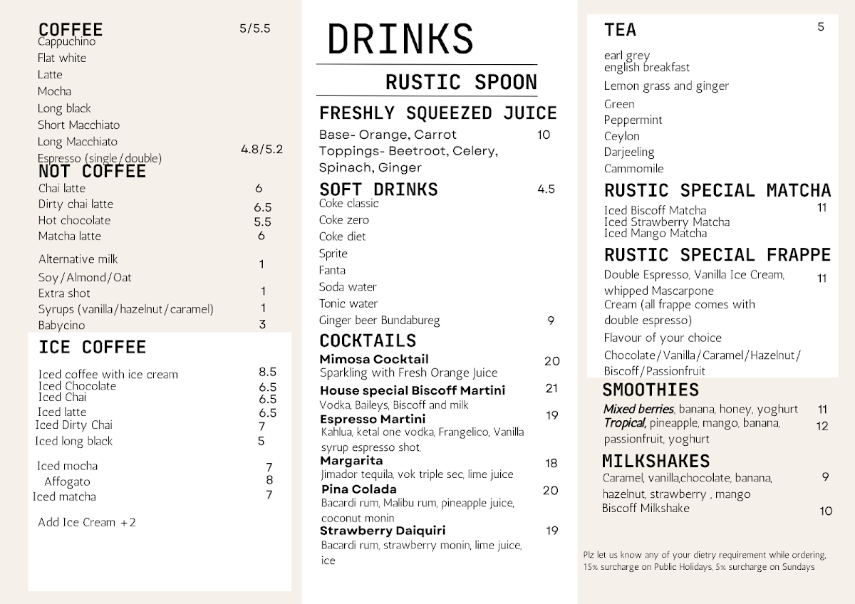 Menu, Rustic Spoon Cafe and Restaurant