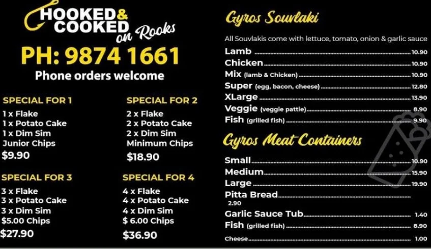 Menu, Hooked & Cooked on Rooks