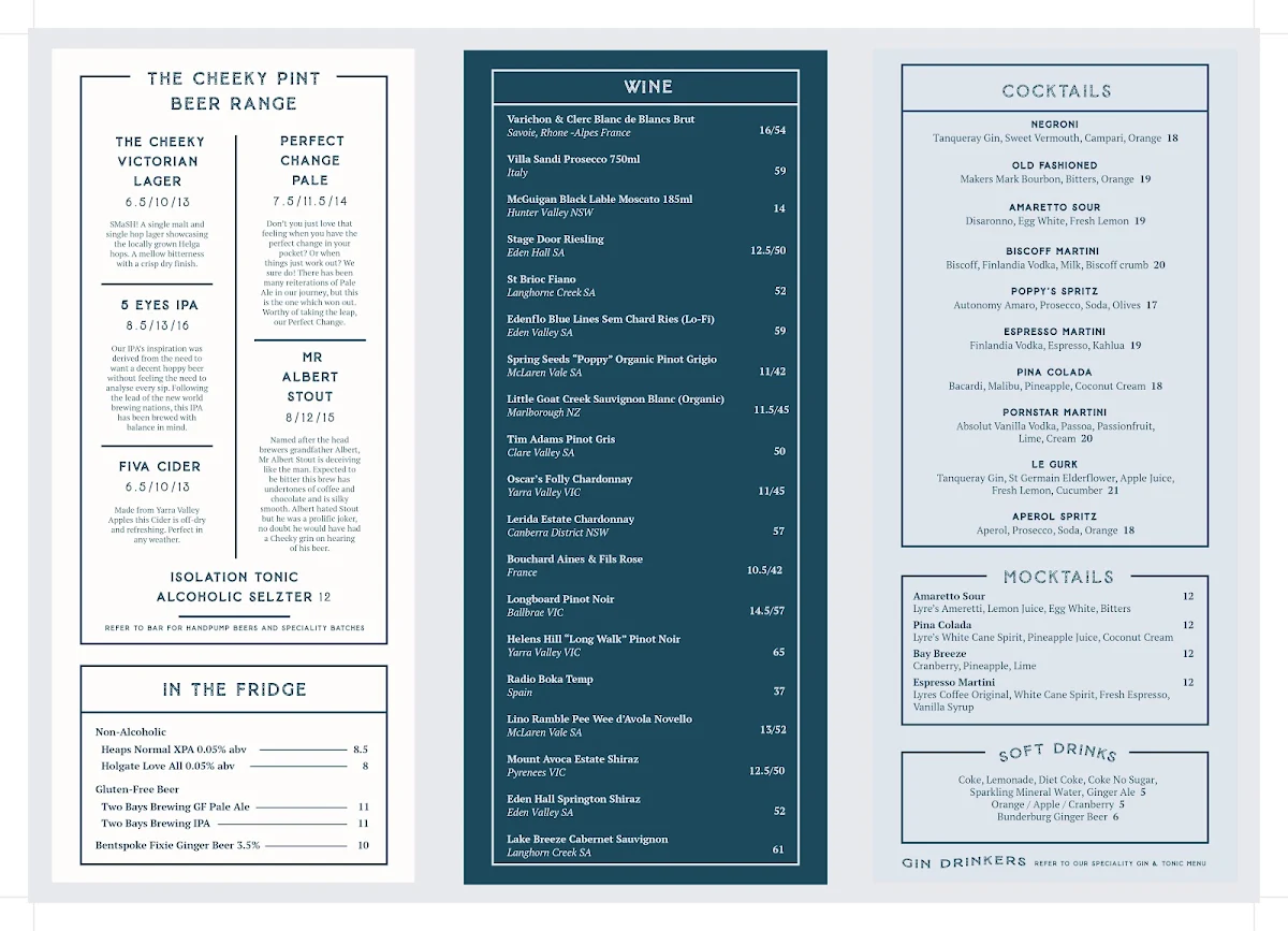 Menu, The Cheeky Pint (The Barkley Hotel)