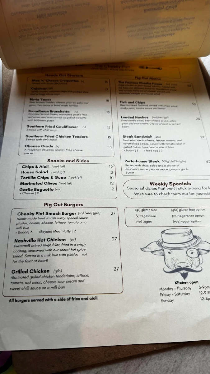 Menu, The Cheeky Pint (The Barkley Hotel)