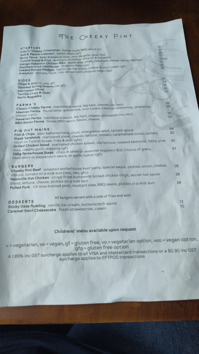 Menu, The Cheeky Pint (The Barkley Hotel)