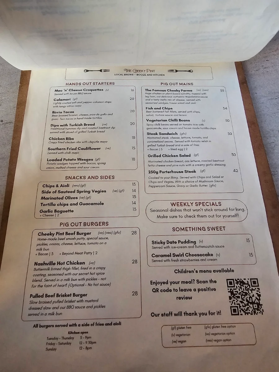Menu, The Cheeky Pint (The Barkley Hotel)