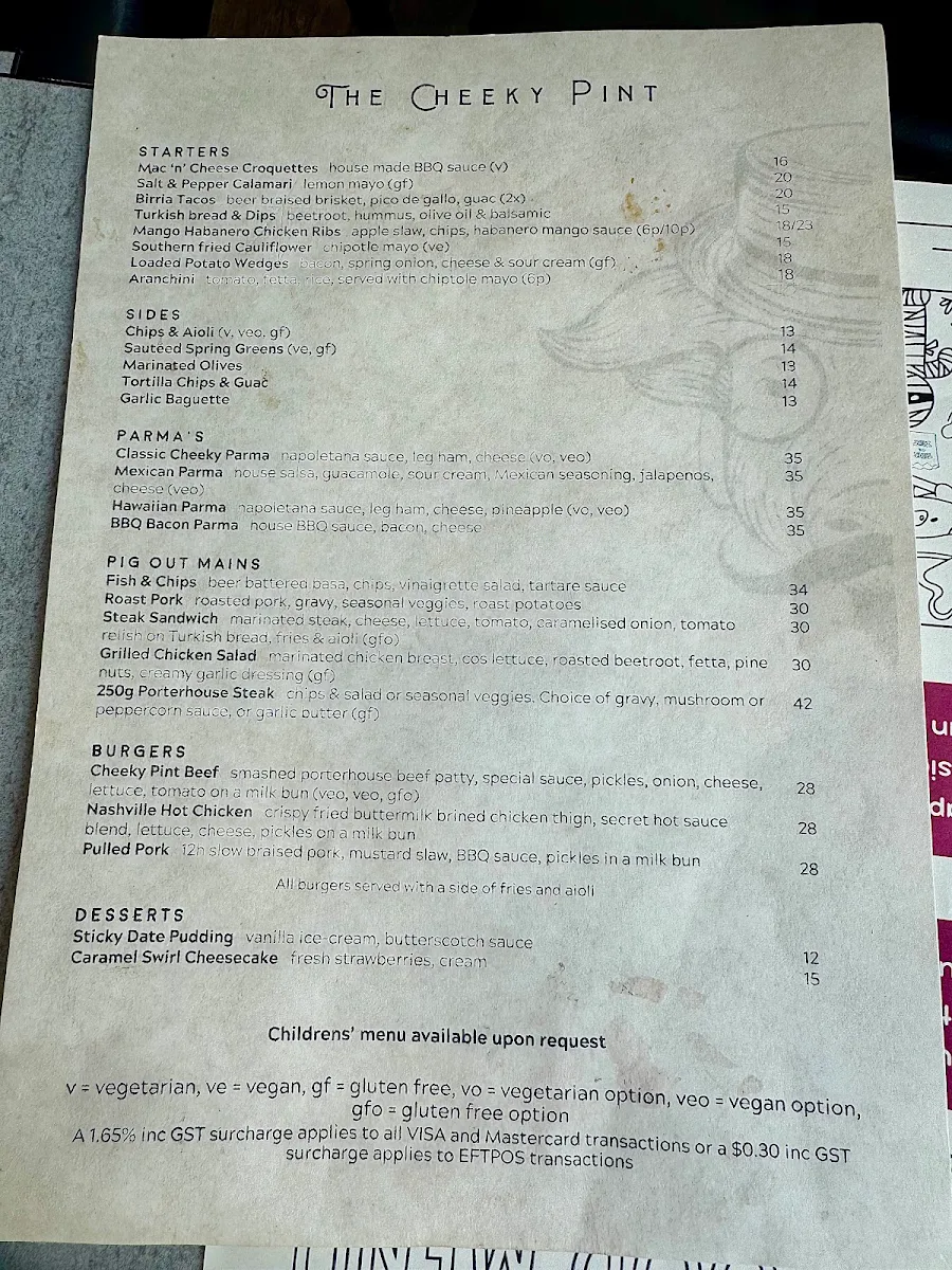 Menu, The Cheeky Pint (The Barkley Hotel)