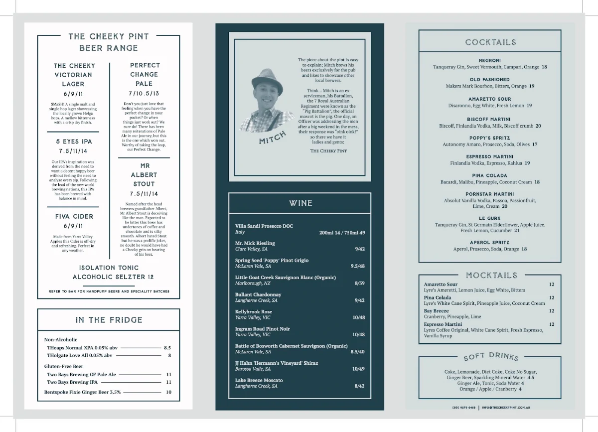 Menu, The Cheeky Pint (The Barkley Hotel)