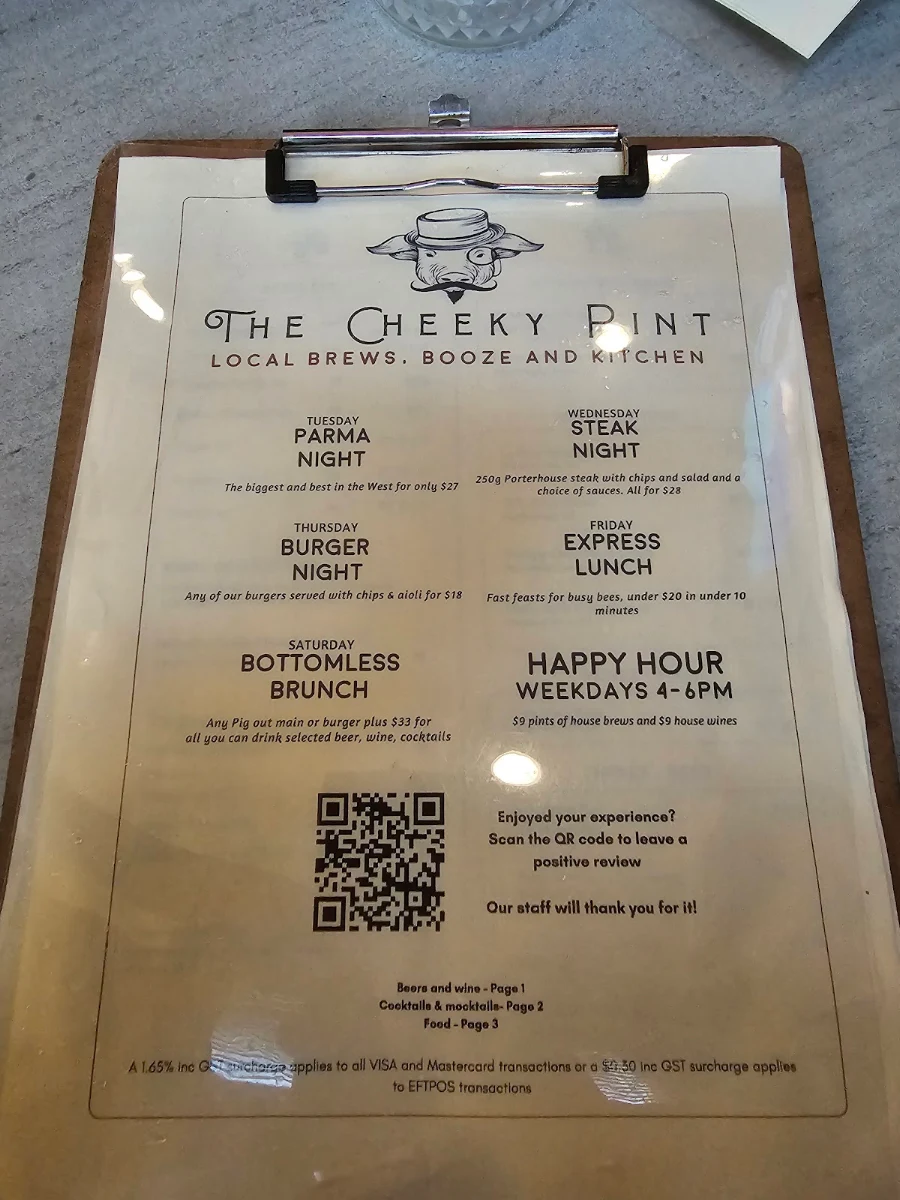 Menu, The Cheeky Pint (The Barkley Hotel)