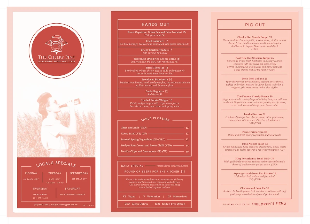 Menu, The Cheeky Pint (The Barkley Hotel)