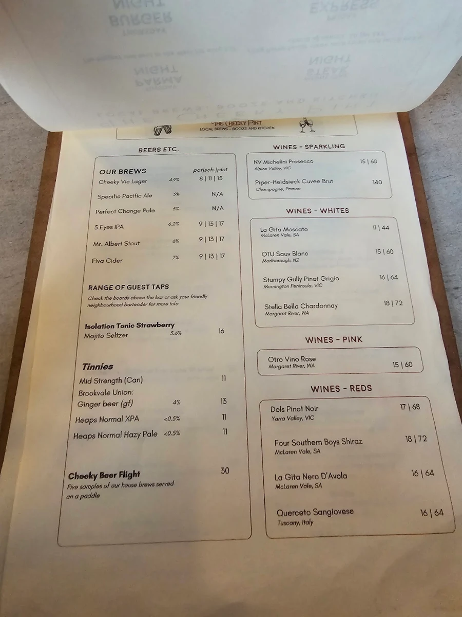 Menu, The Cheeky Pint (The Barkley Hotel)