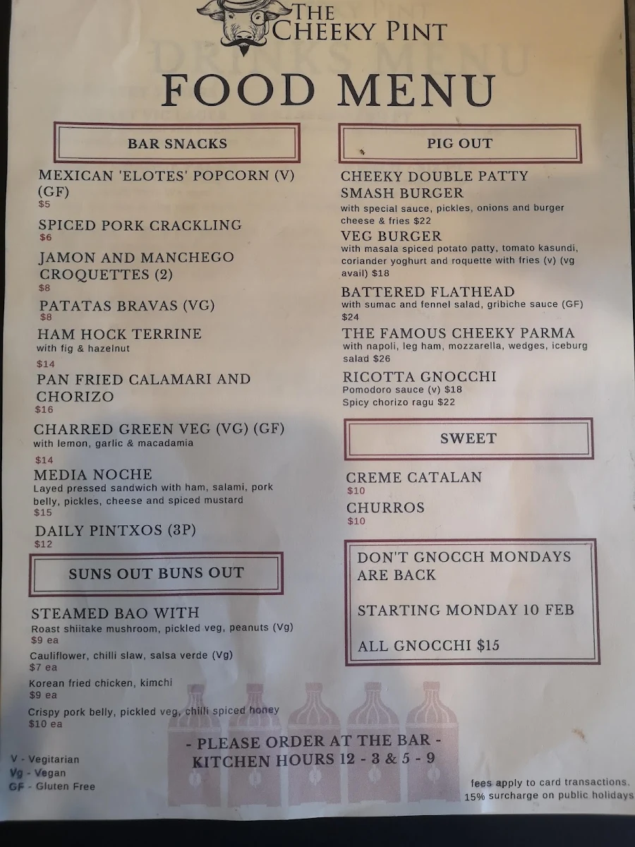 Menu, The Cheeky Pint (The Barkley Hotel)