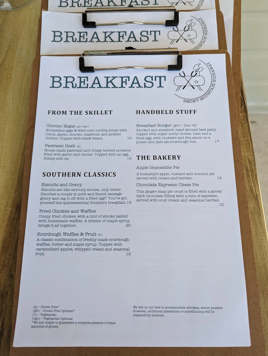 Menu, Smoky Mountain Hideaway