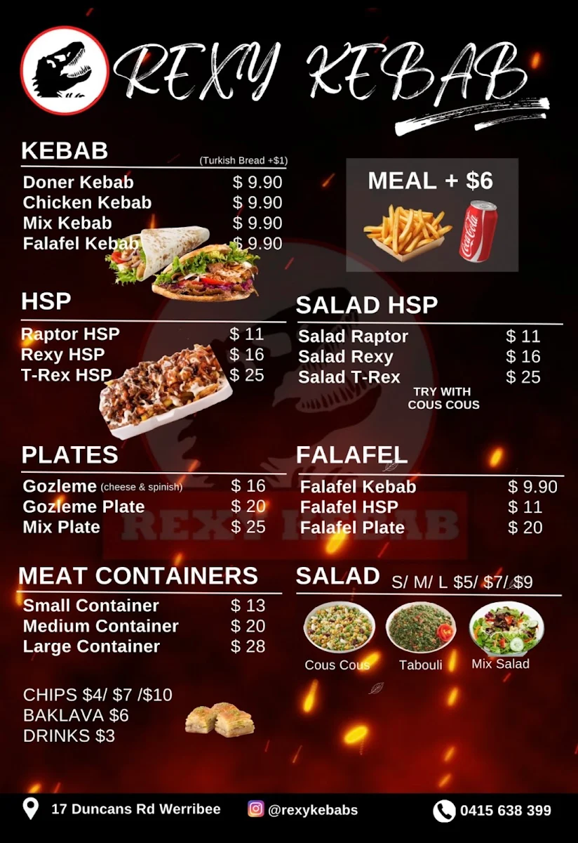 Menu, Rexy Kebab Werribee