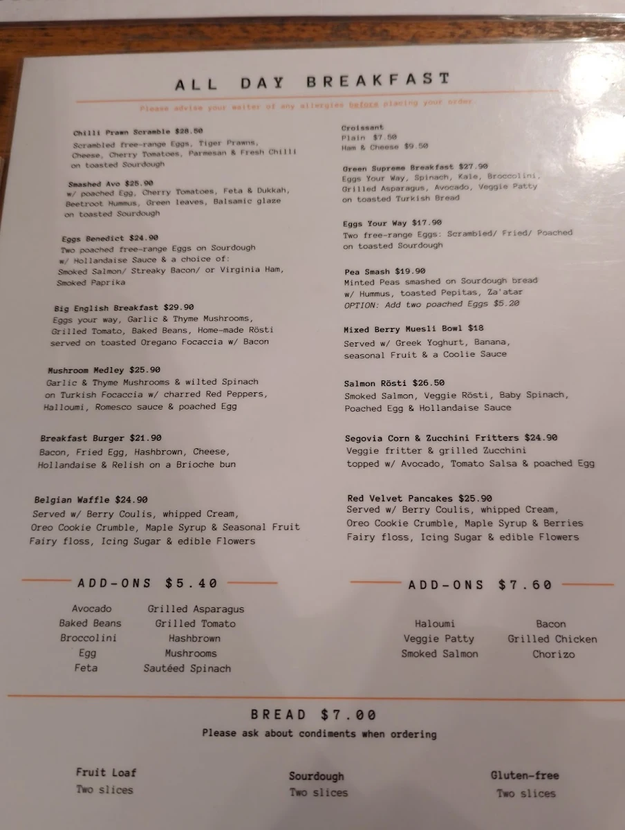 Menu, Cafe Segovia