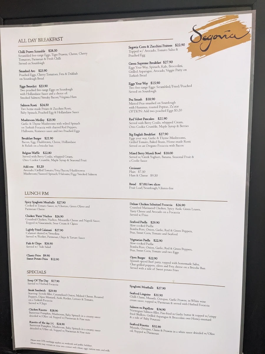 Menu, Cafe Segovia