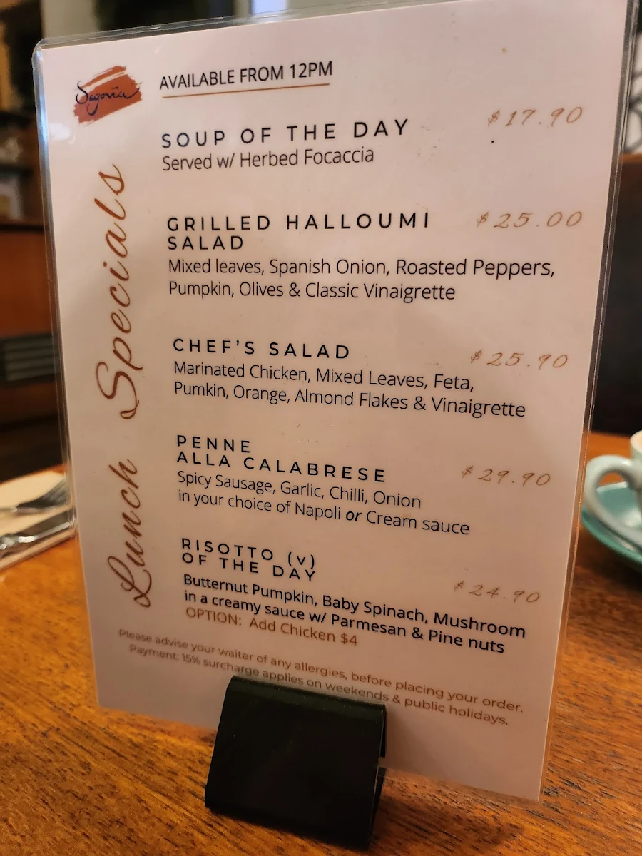 Menu, Cafe Segovia