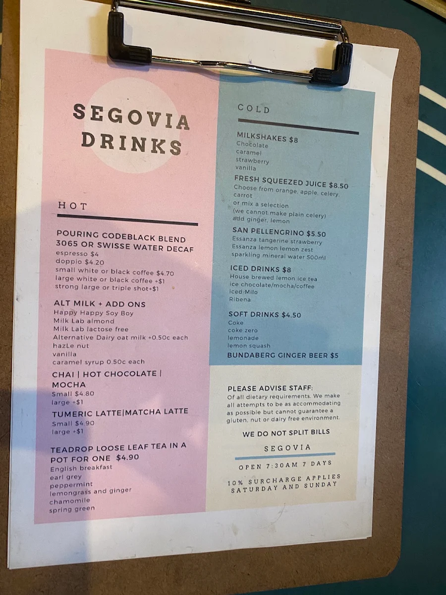 Menu, Cafe Segovia