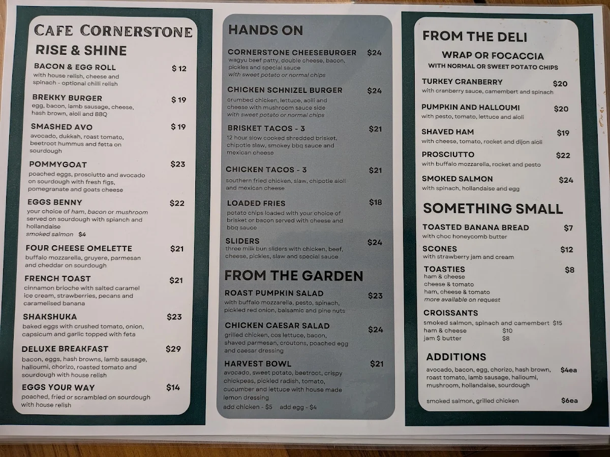 Menu, Cafe Cornerstone
