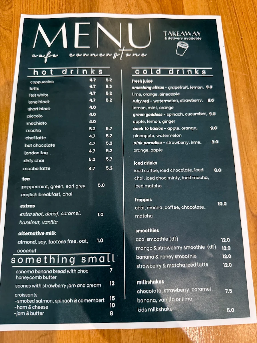 Menu, Cafe Cornerstone