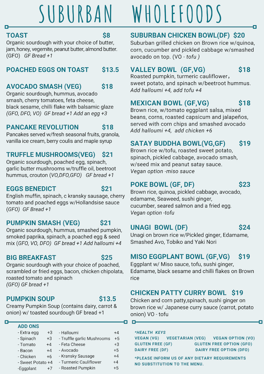 Menu, Suburban Wholefoods