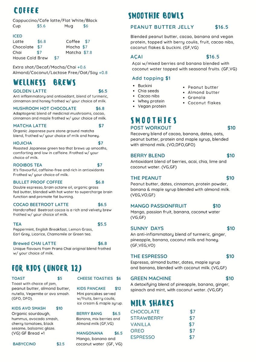 Menu, Suburban Wholefoods