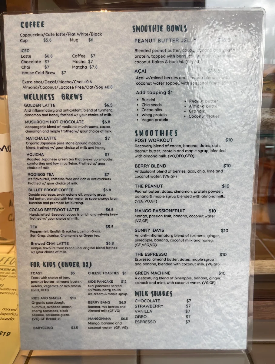 Menu, Suburban Wholefoods