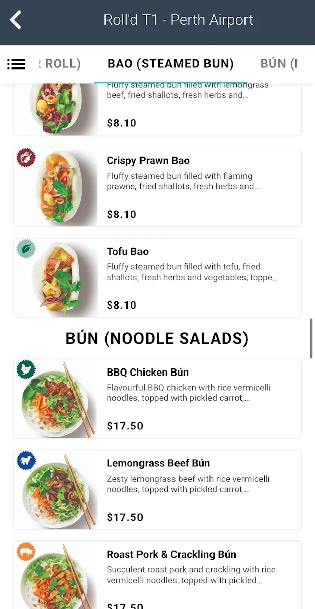 Menu, Roll'd Perth International Airport