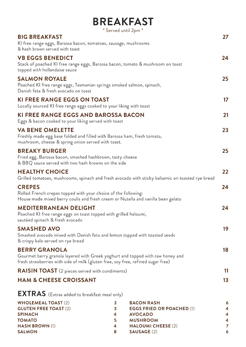 Menu, Cafe Va Bene