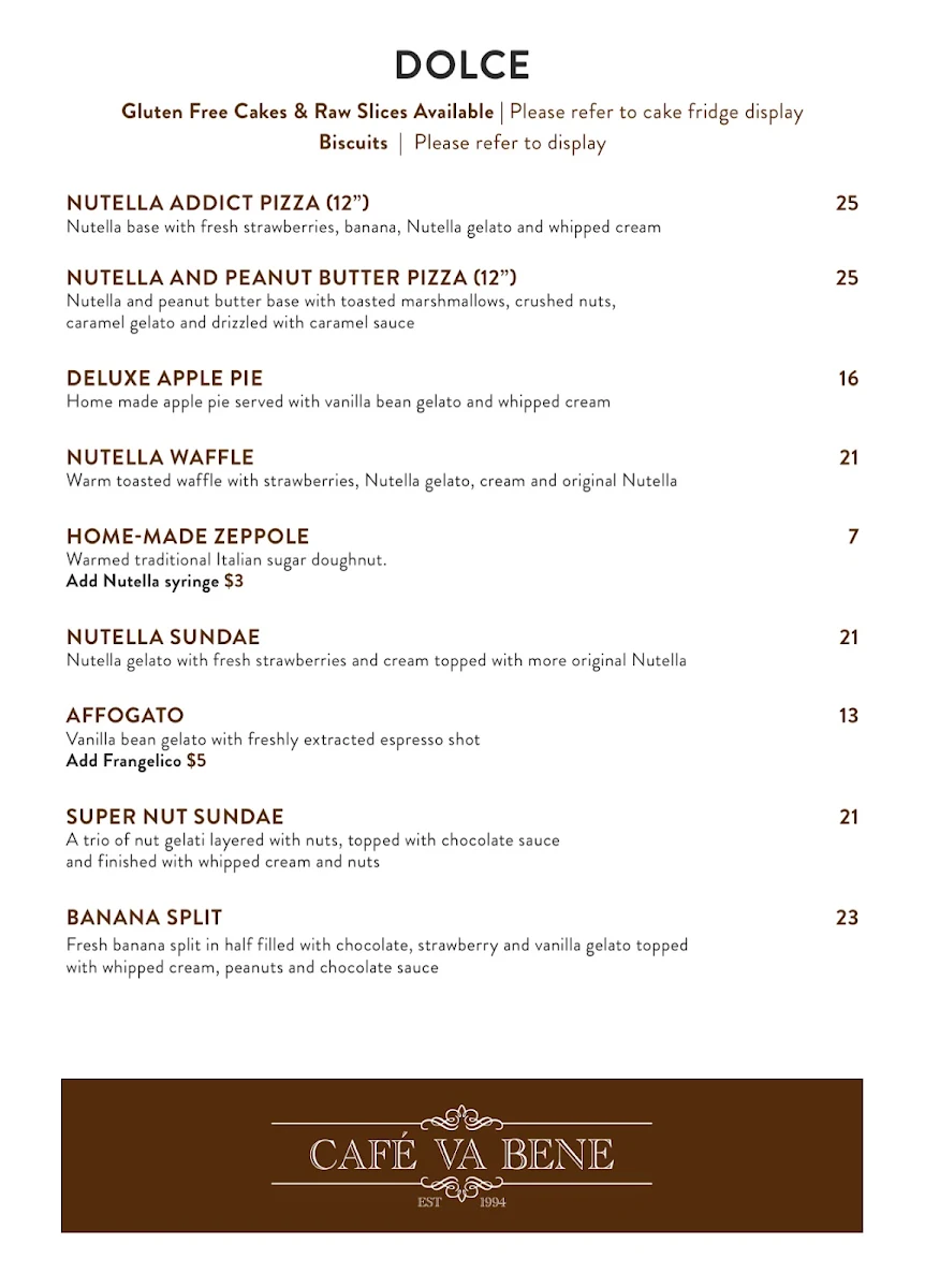 Menu, Cafe Va Bene