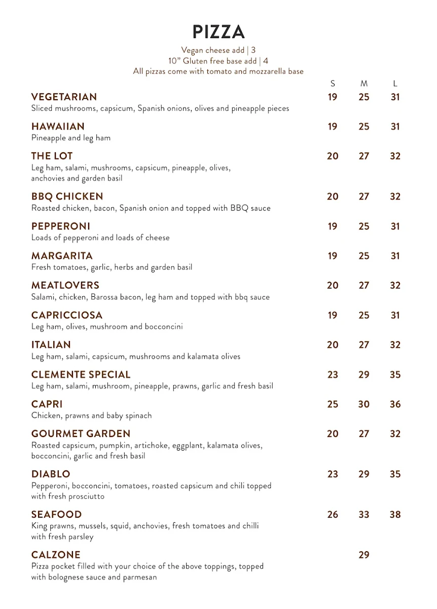 Menu, Cafe Va Bene