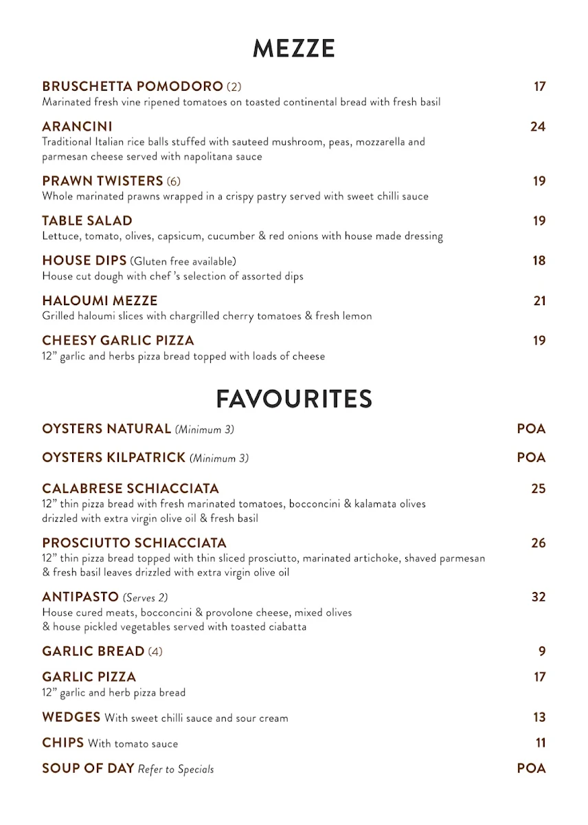 Menu, Cafe Va Bene