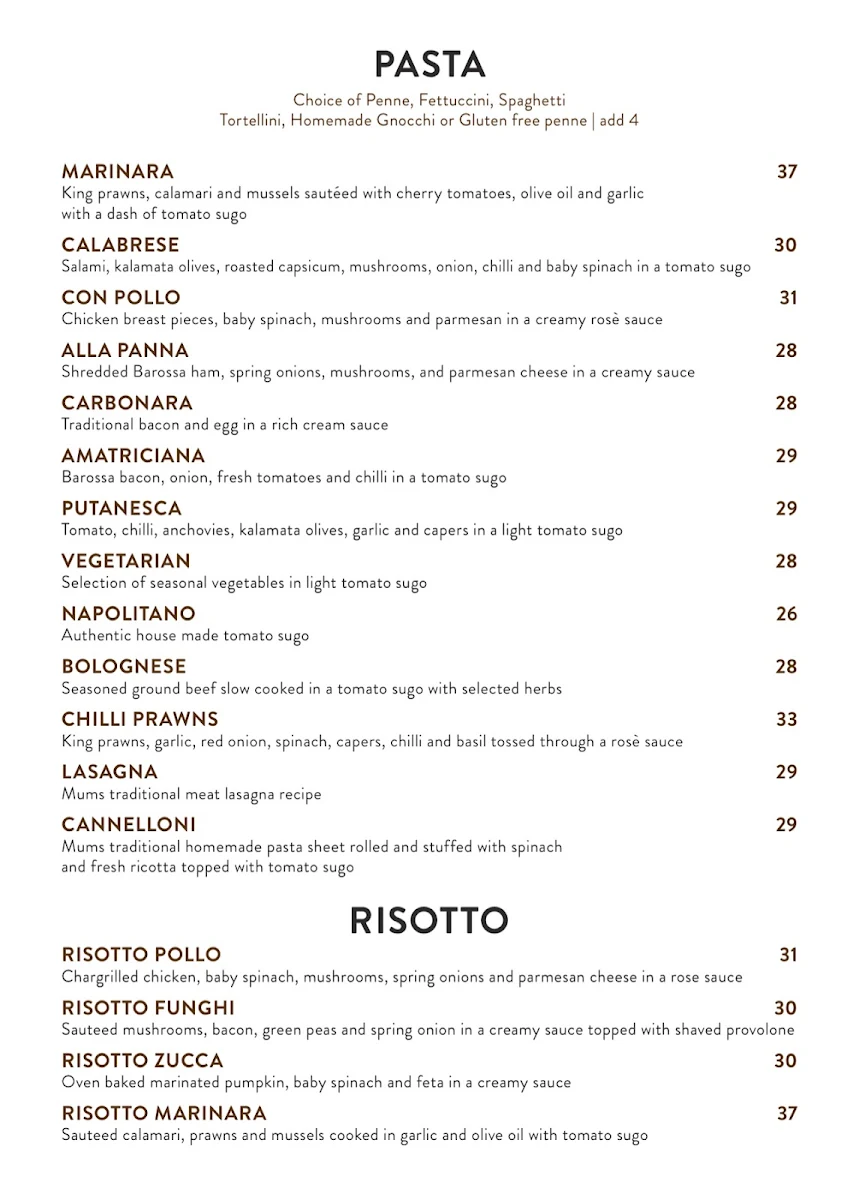 Menu, Cafe Va Bene