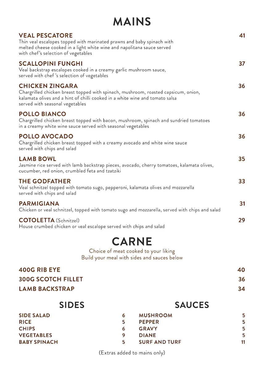 Menu, Cafe Va Bene