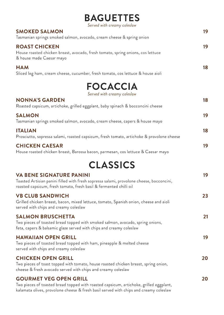Menu, Cafe Va Bene