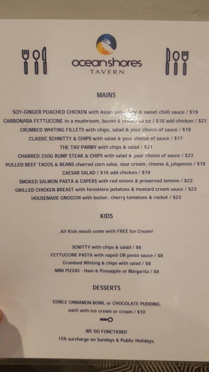 Menu, Ocean Shores Tavern