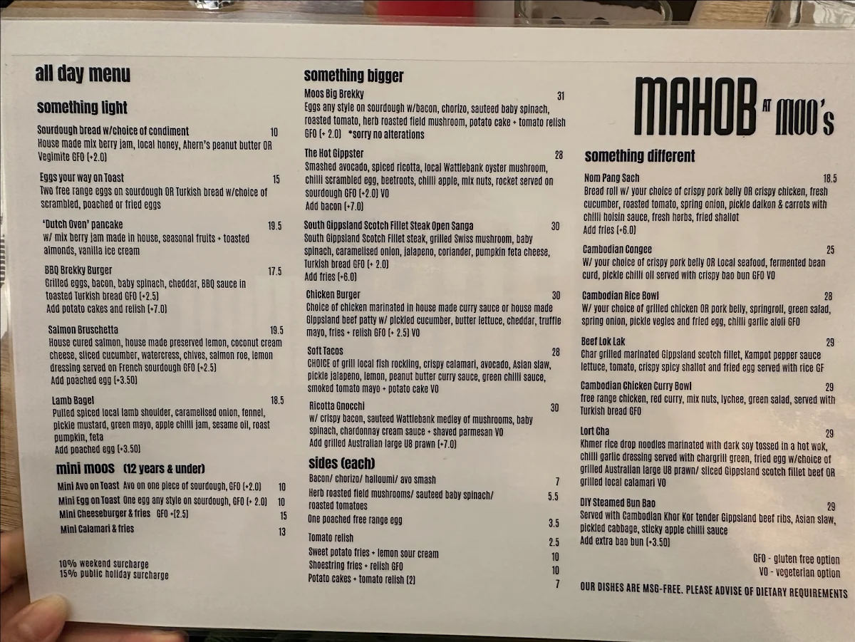 Menu, Mahob at Moo's