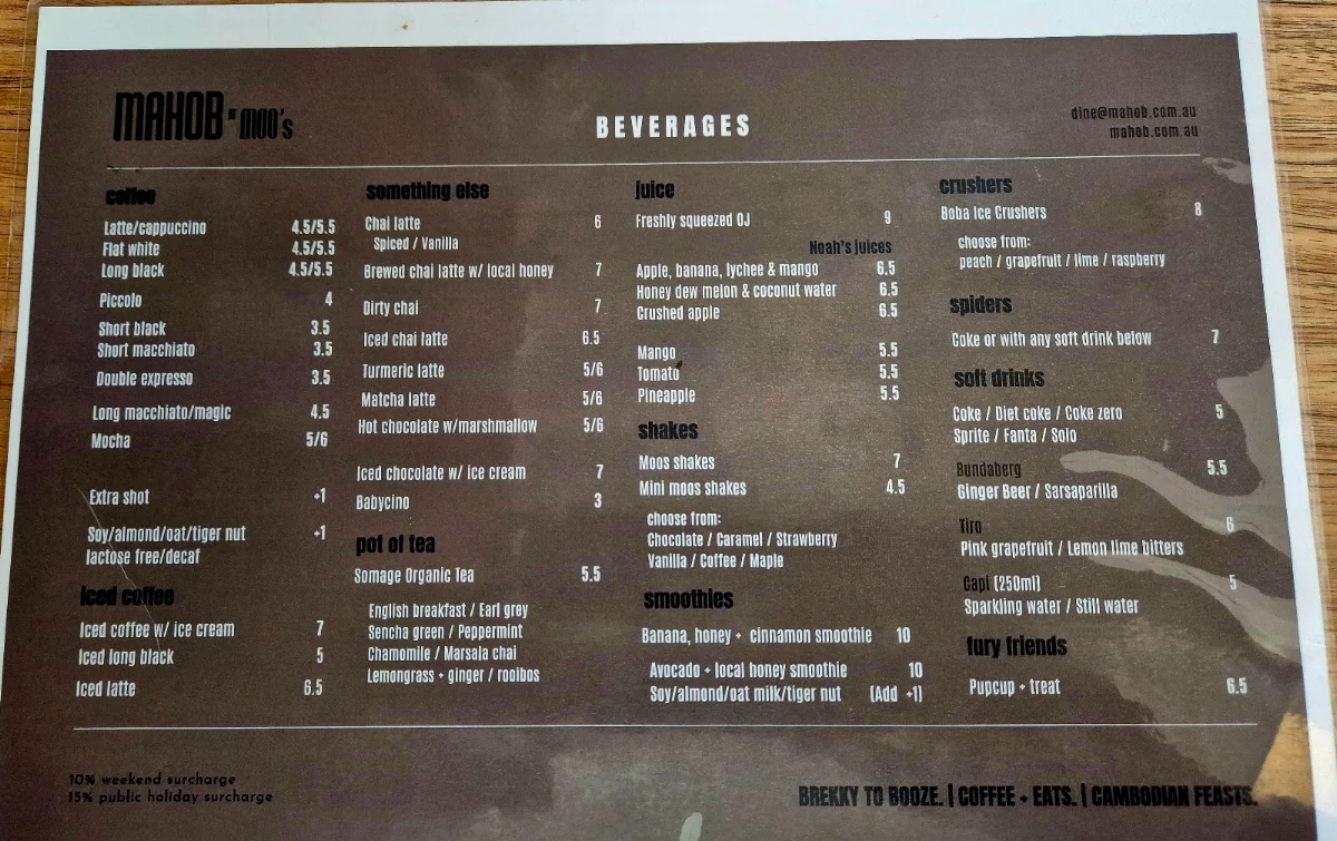 Menu, Mahob at Moo's