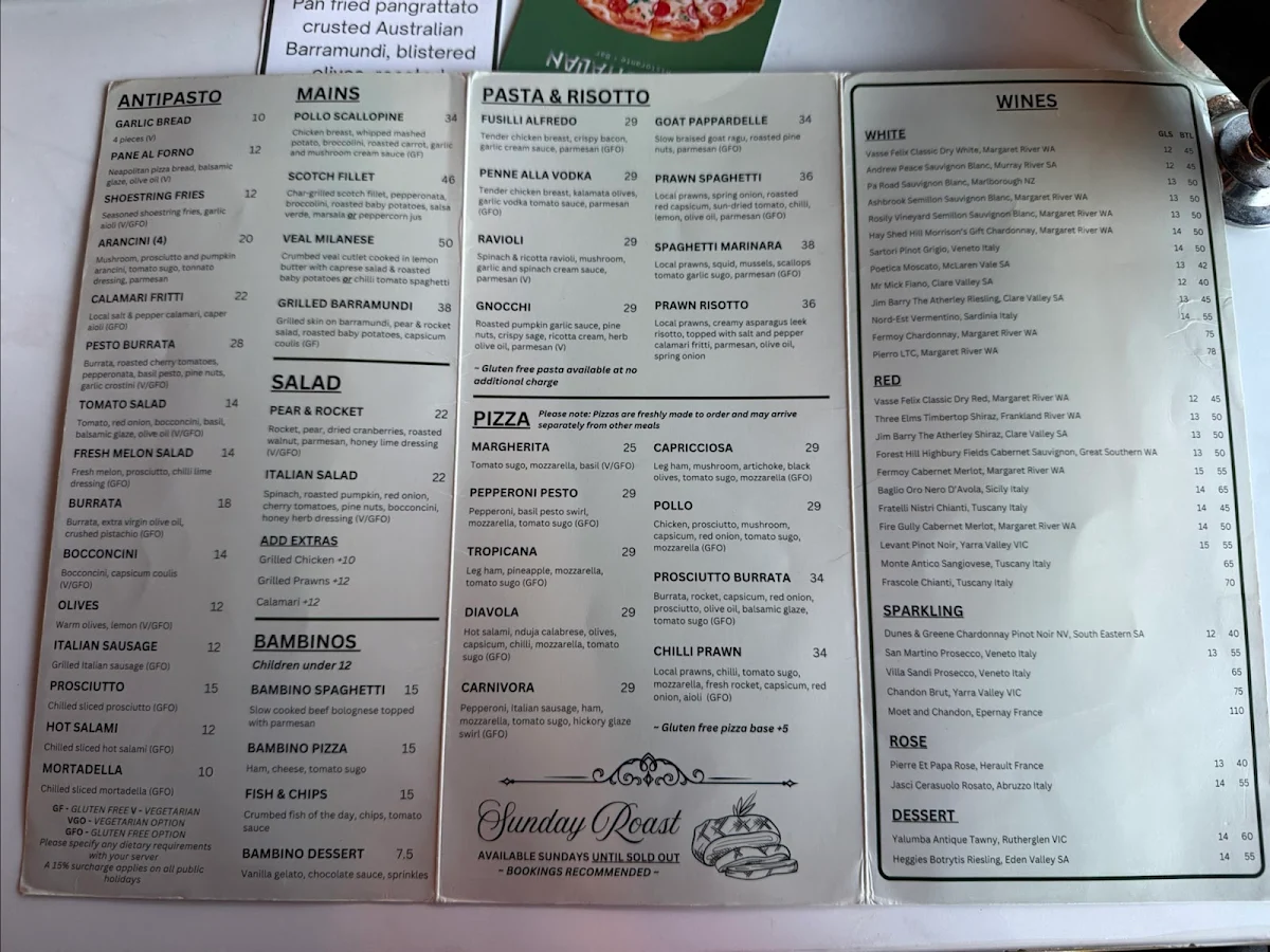 Menu, Bellini Italian