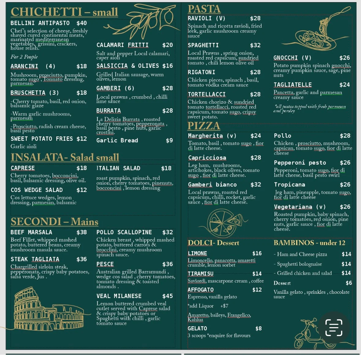 Menu, Bellini Italian