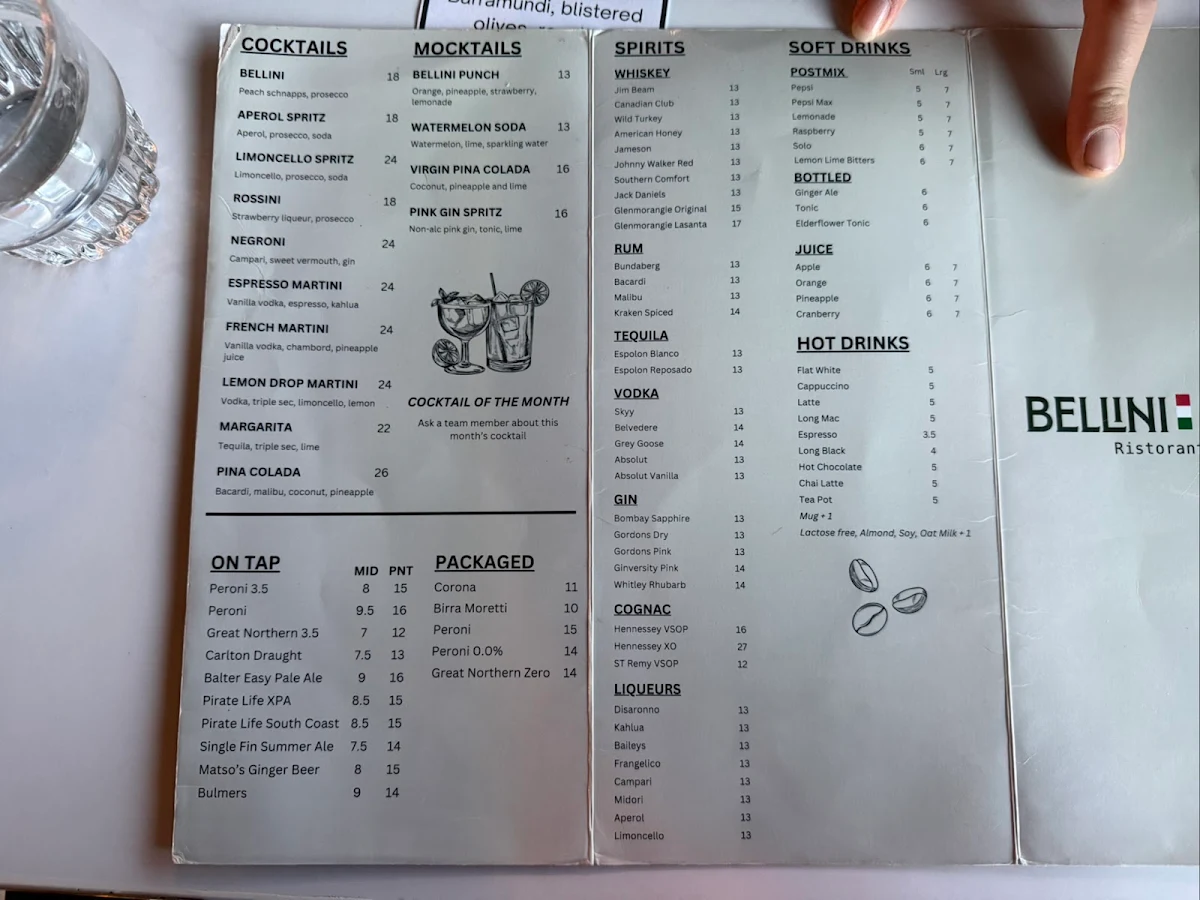 Menu, Bellini Italian