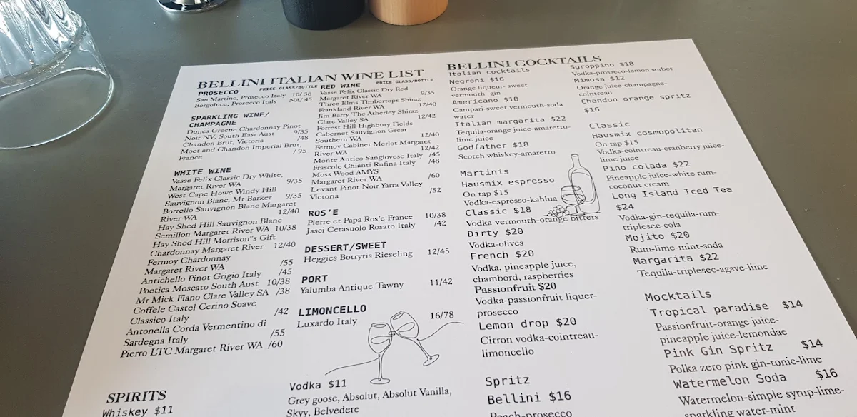 Menu, Bellini Italian