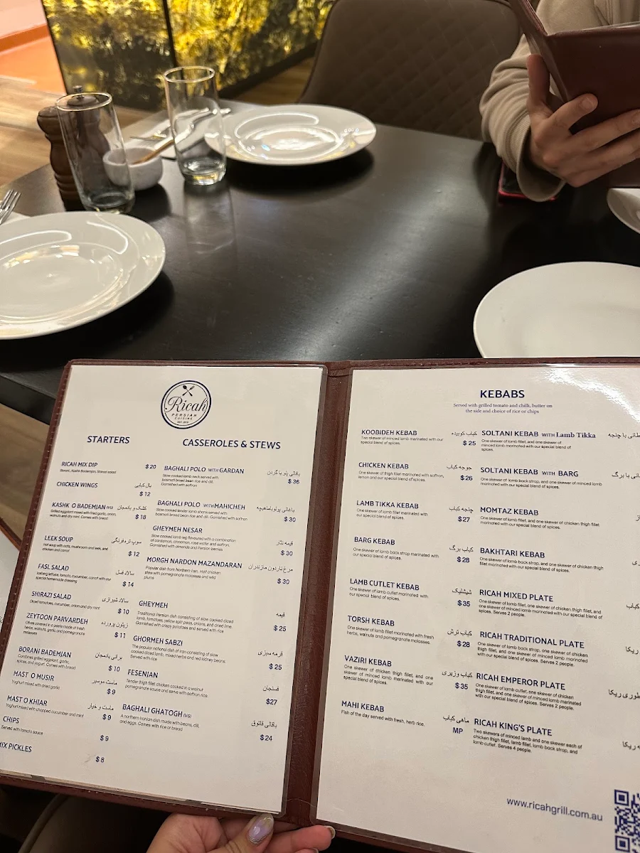 Menu, Ricah Persian Cuisine