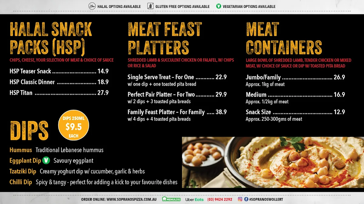 Menu, Soprano's Pizza Wollert