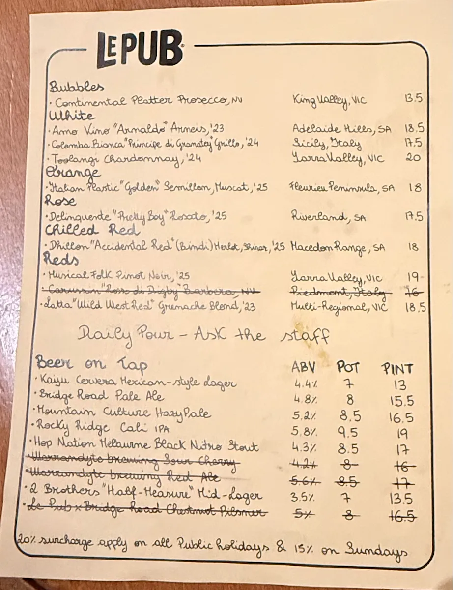Menu, Le Pub and Bottle Shop