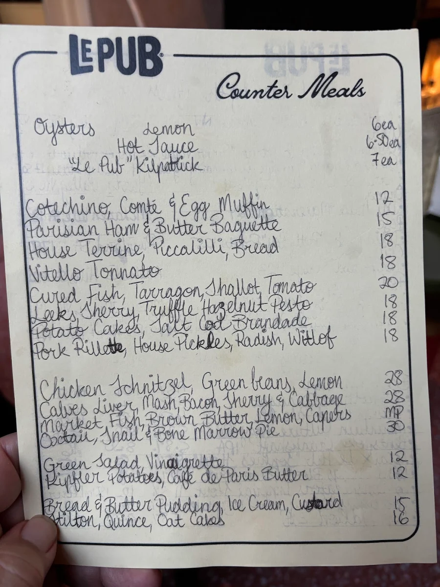Menu, Le Pub and Bottle Shop