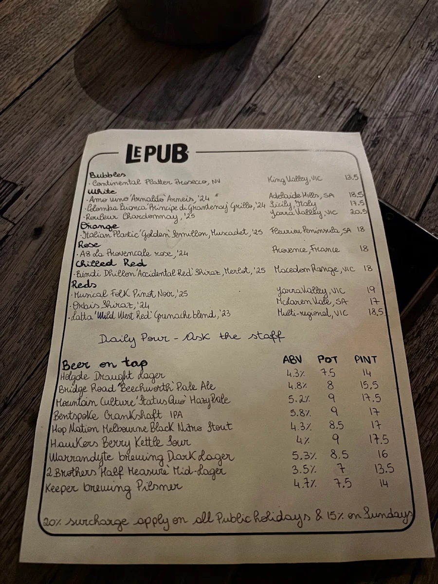 Menu, Le Pub and Bottle Shop