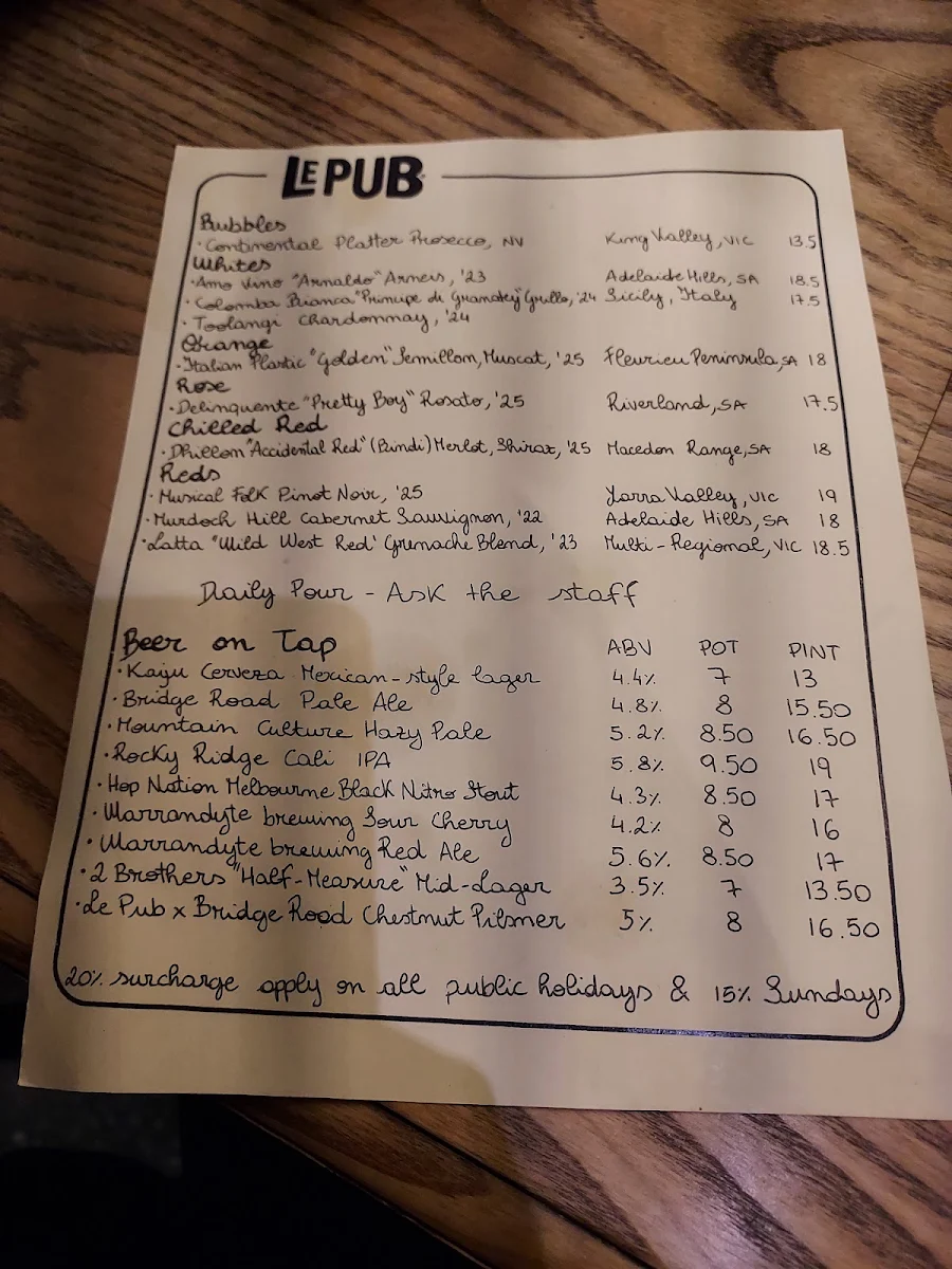 Menu, Le Pub and Bottle Shop