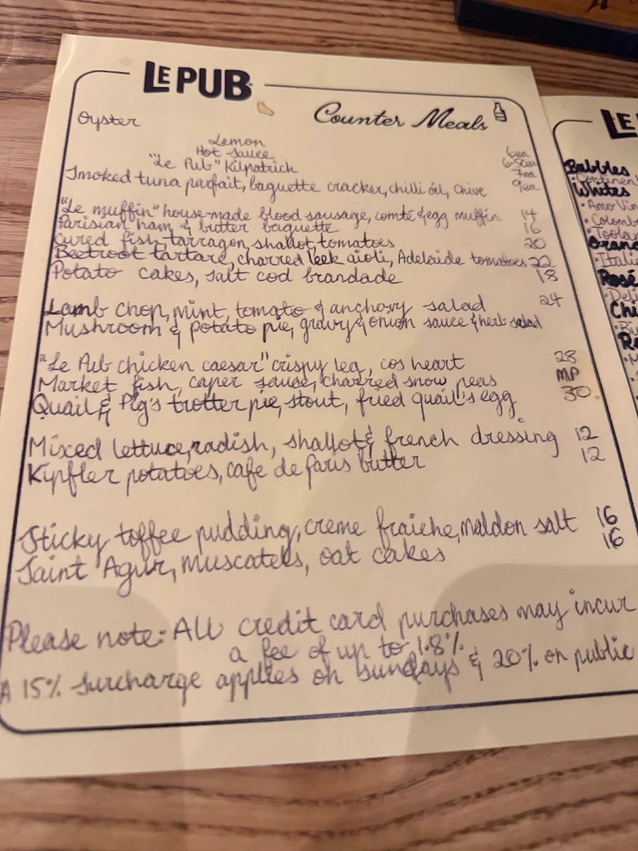 Menu, Le Pub and Bottle Shop